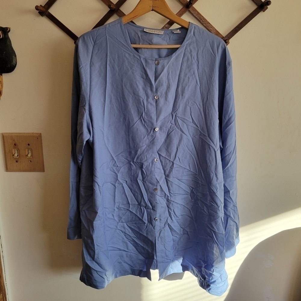 VINTAGE Valerie Stevens 100% Silk Long Sleeve Tunic Button Down Blue 16 XXL